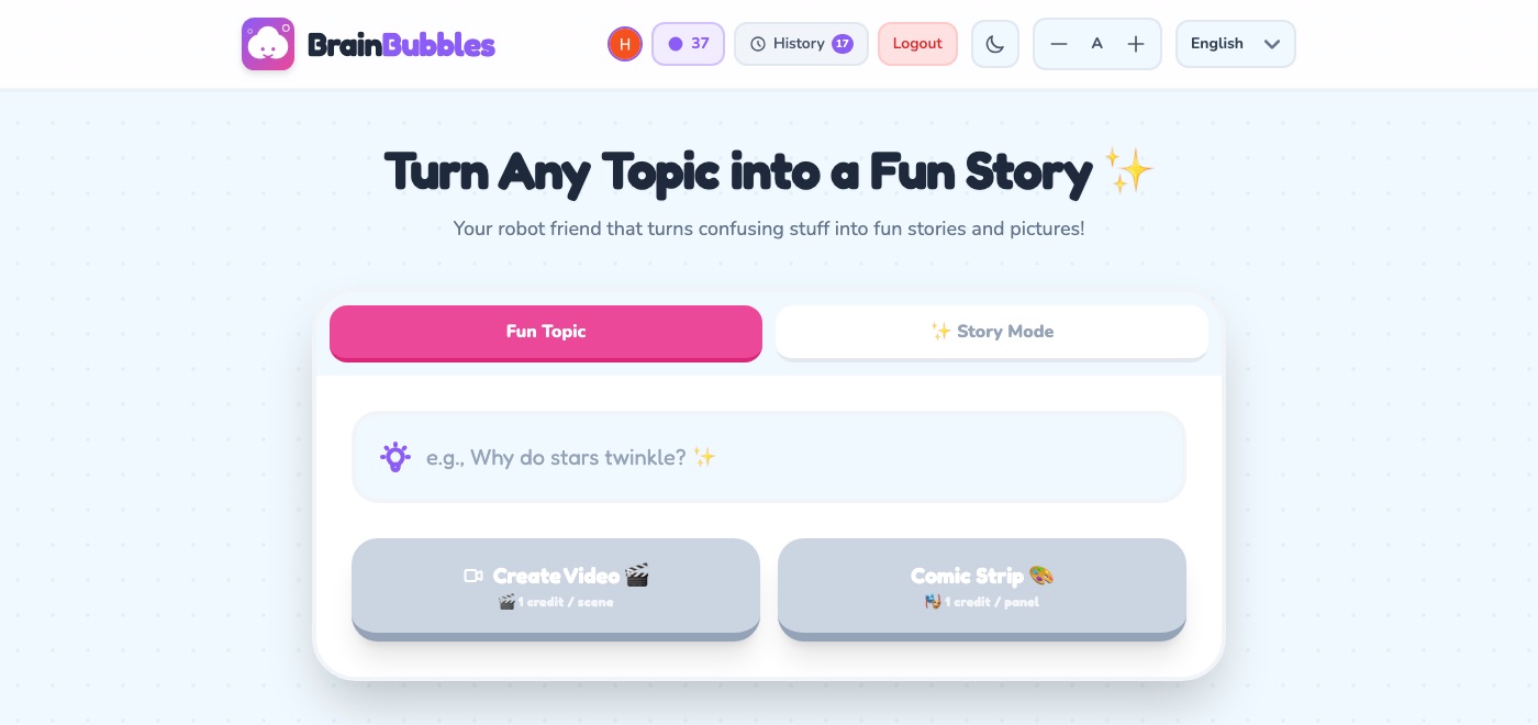تطبيق BrainBubbles: اختر موضوع ممتع أو وضع القصة، ثم أنشئ فيديو أو شريط كوميكس
