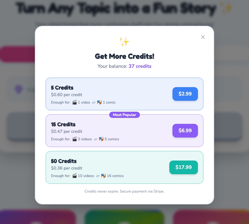 باقات الرصيد الحقيقية: 5 أرصدة مقابل $2.99، 15 رصيداً مقابل $6.99 (الأكثر شعبية)، 50 رصيداً مقابل $17.99
